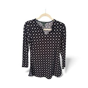 Lauren Ralph Lauren Top Shirt Geo Print Split Neck XS Navy White 5% elastane